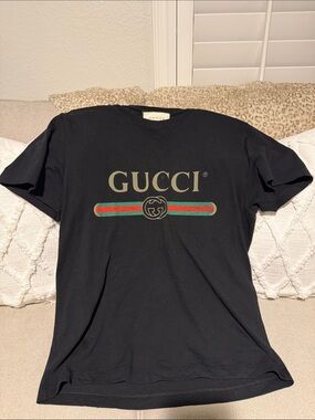 GUCCI Black Logo Tee with Red and Green Stripe